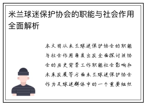 米兰球迷保护协会的职能与社会作用全面解析 米兰球迷保护协会的职能与社会作用全面解析