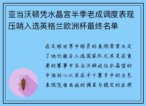 亚当沃顿凭水晶宫半季老成调度表现压哨入选英格兰欧洲杯最终名单 亚当沃顿凭水晶宫半季老成调度表现压哨入选英格兰欧洲杯最终名单