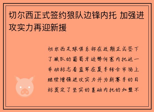 切尔西正式签约狼队边锋内托 加强进攻实力再迎新援